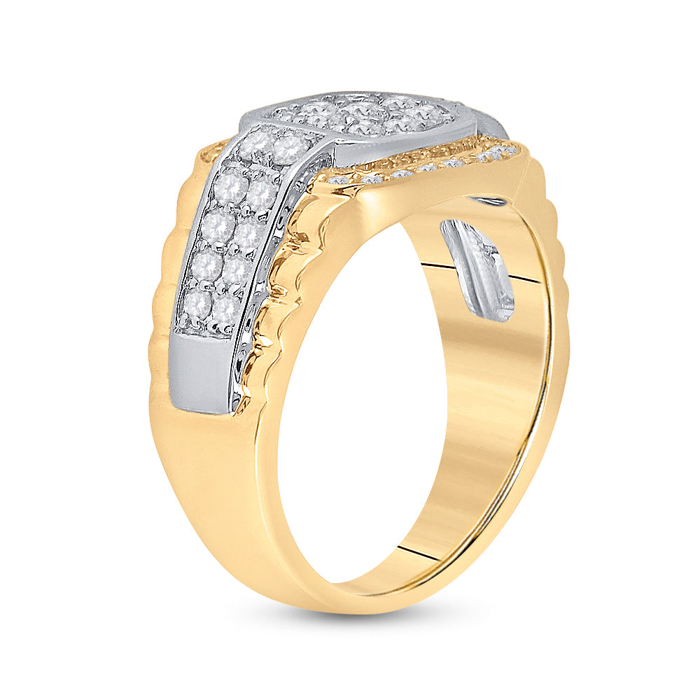 10K Two-tone Gold Mens Round Diamond Ribbed Square Cluster Ring 1-1/4 Cttw, Mens Size: 7-13