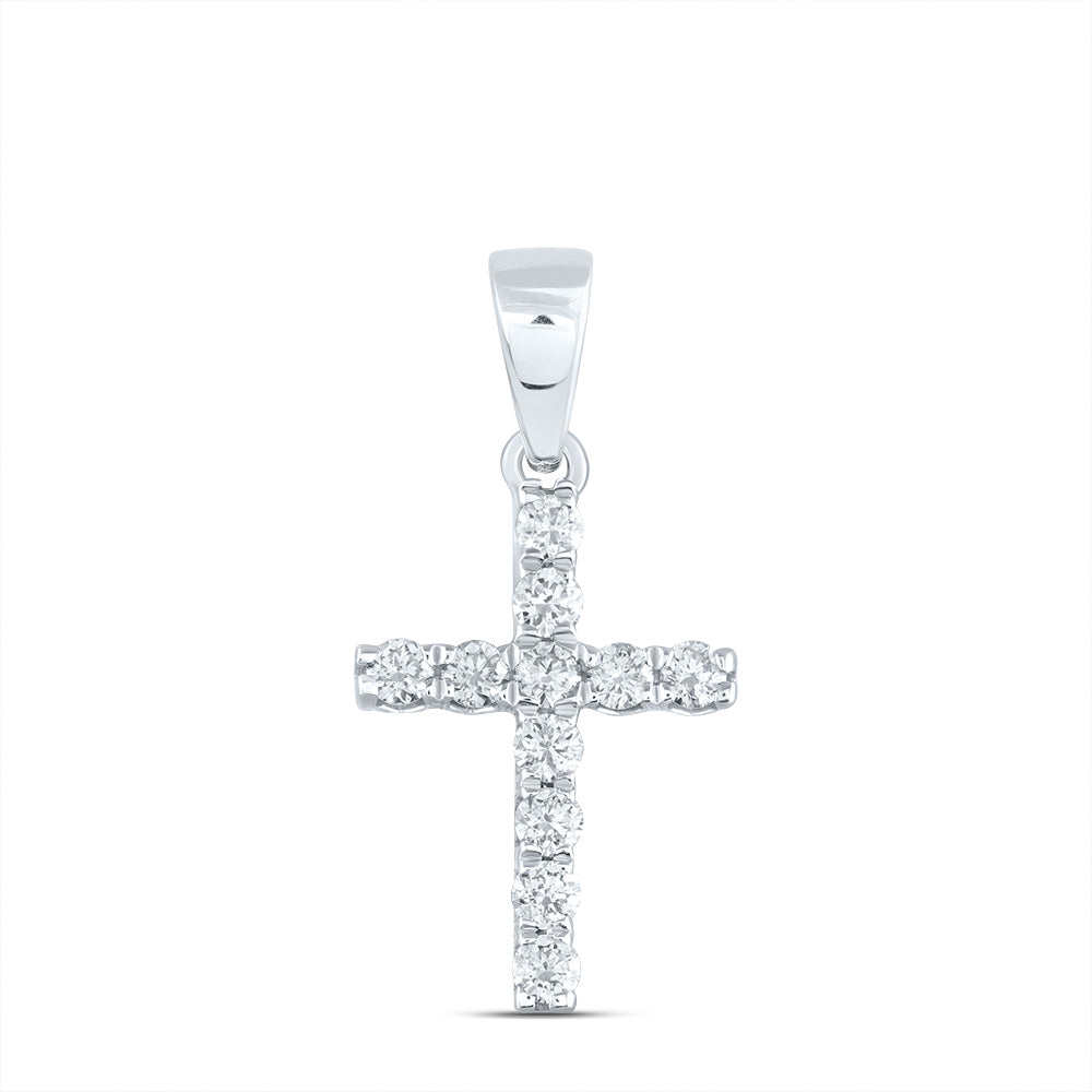 14K White Gold Womens Round Diamond Faith Cross Pendant 1/5 Cttw