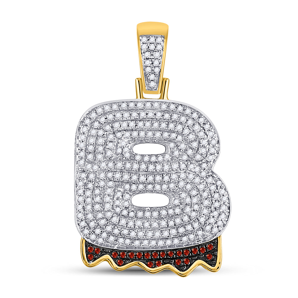 10K Yellow Gold Mens Round Red Color Enhanced Diamond Letter Charm Pendant