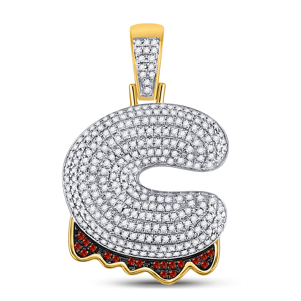 10K Yellow Gold Mens Round Red Color Enhanced Diamond Letter Charm Pendant