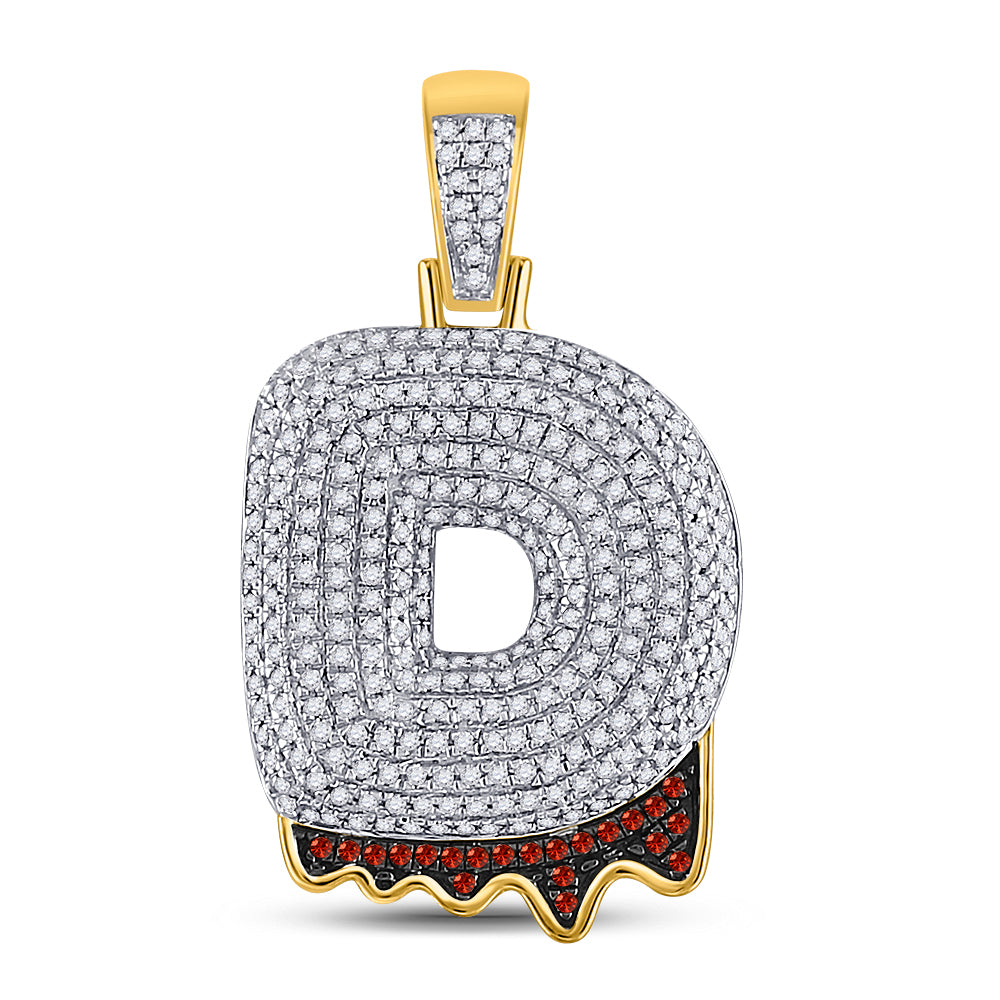 10K Yellow Gold Mens Round Red Color Enhanced Diamond Letter Charm Pendant