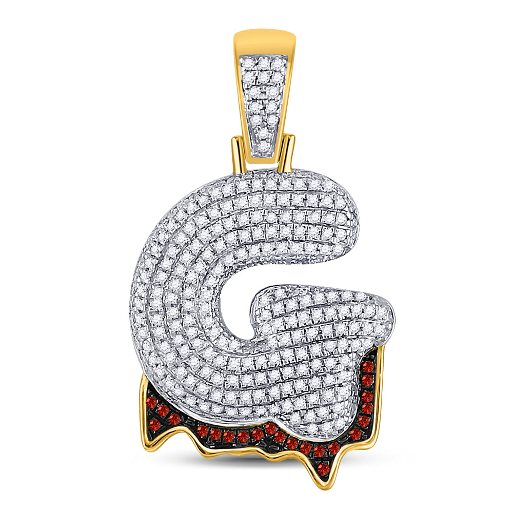 10K Yellow Gold Mens Round Red Color Enhanced Diamond Letter Charm Pendant