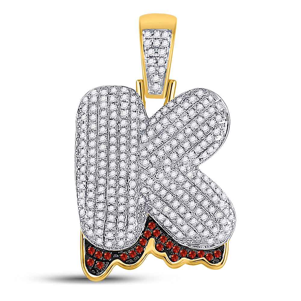 10K Yellow Gold Mens Round Red Color Enhanced Diamond Letter Charm Pendant