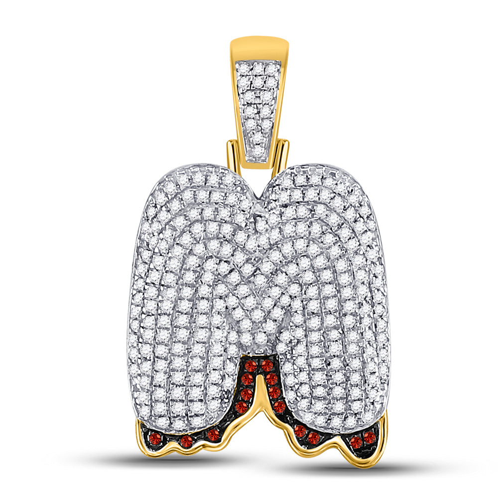 10K Yellow Gold Mens Round Red Color Enhanced Diamond Letter Charm Pendant