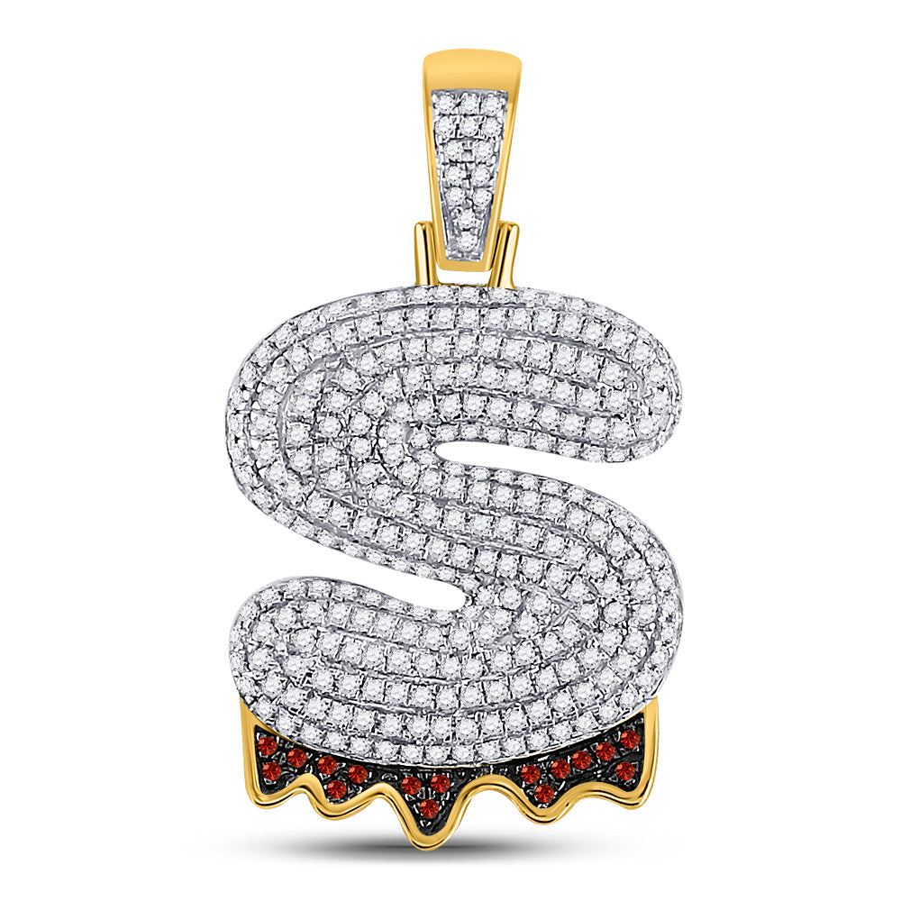 10K Yellow Gold Mens Round Red Color Enhanced Diamond Letter Charm Pendant