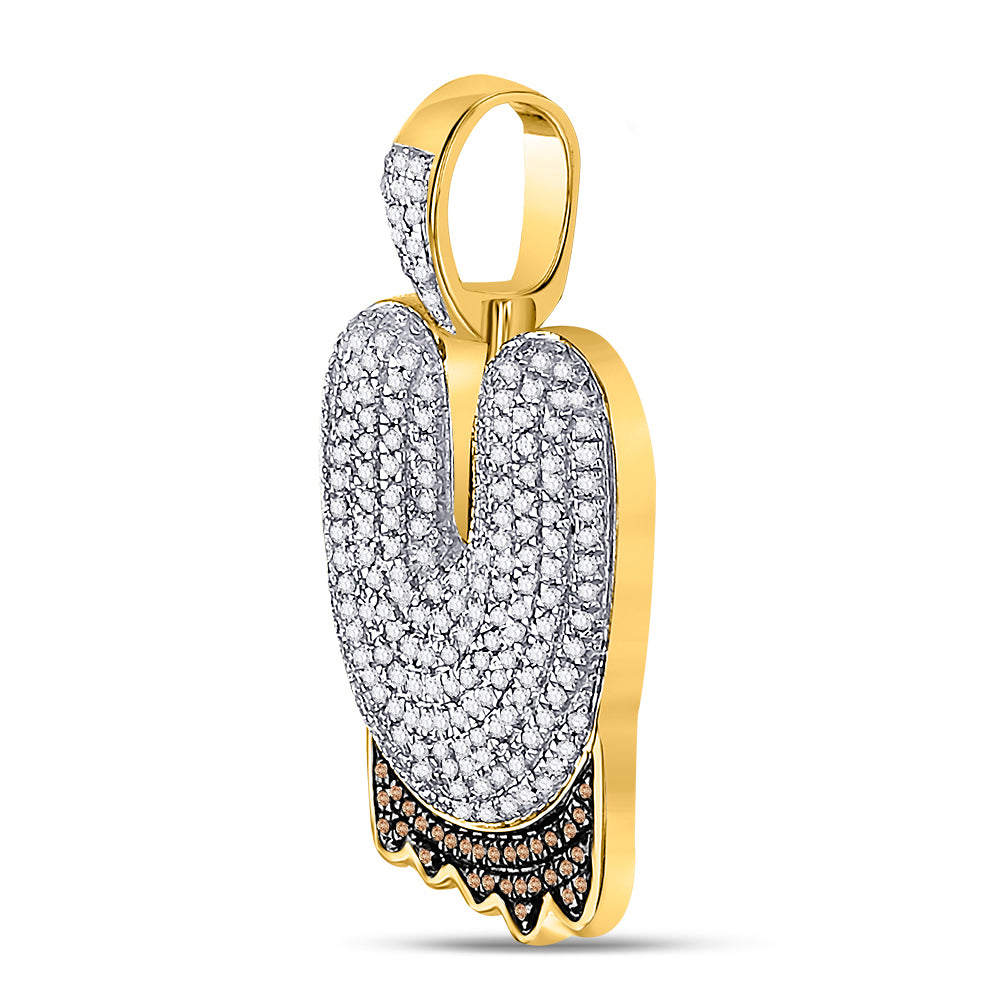 10K Yellow Gold Mens Brown Color Round Enhanced Diamond  ""U"" Letter Charm Pendant 3/4 Cttw