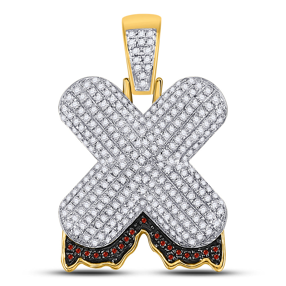 10K Yellow Gold Mens Round Red Color Enhanced Diamond Letter Charm Pendant