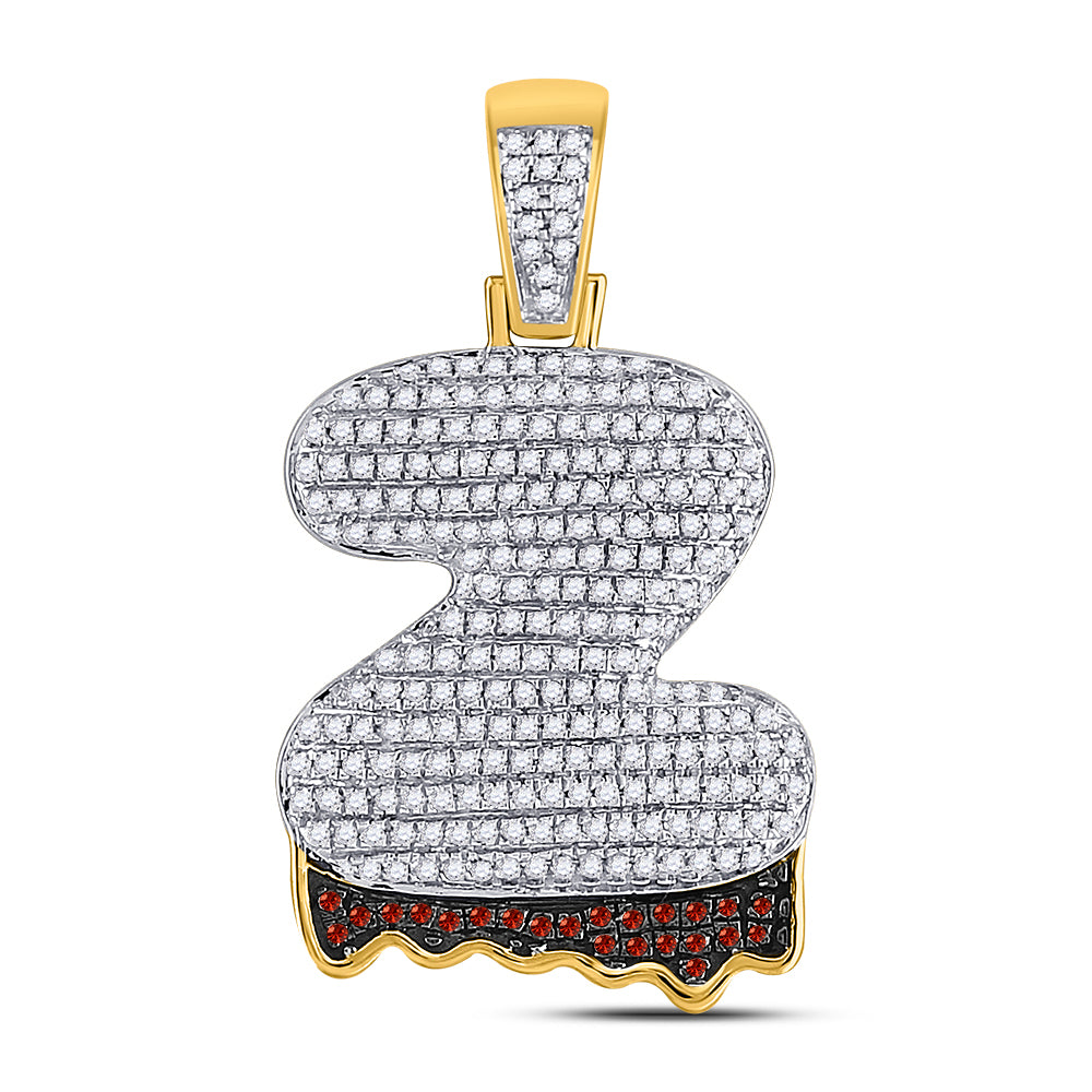 10K Yellow Gold Mens Round Red Color Enhanced Diamond Letter Charm Pendant