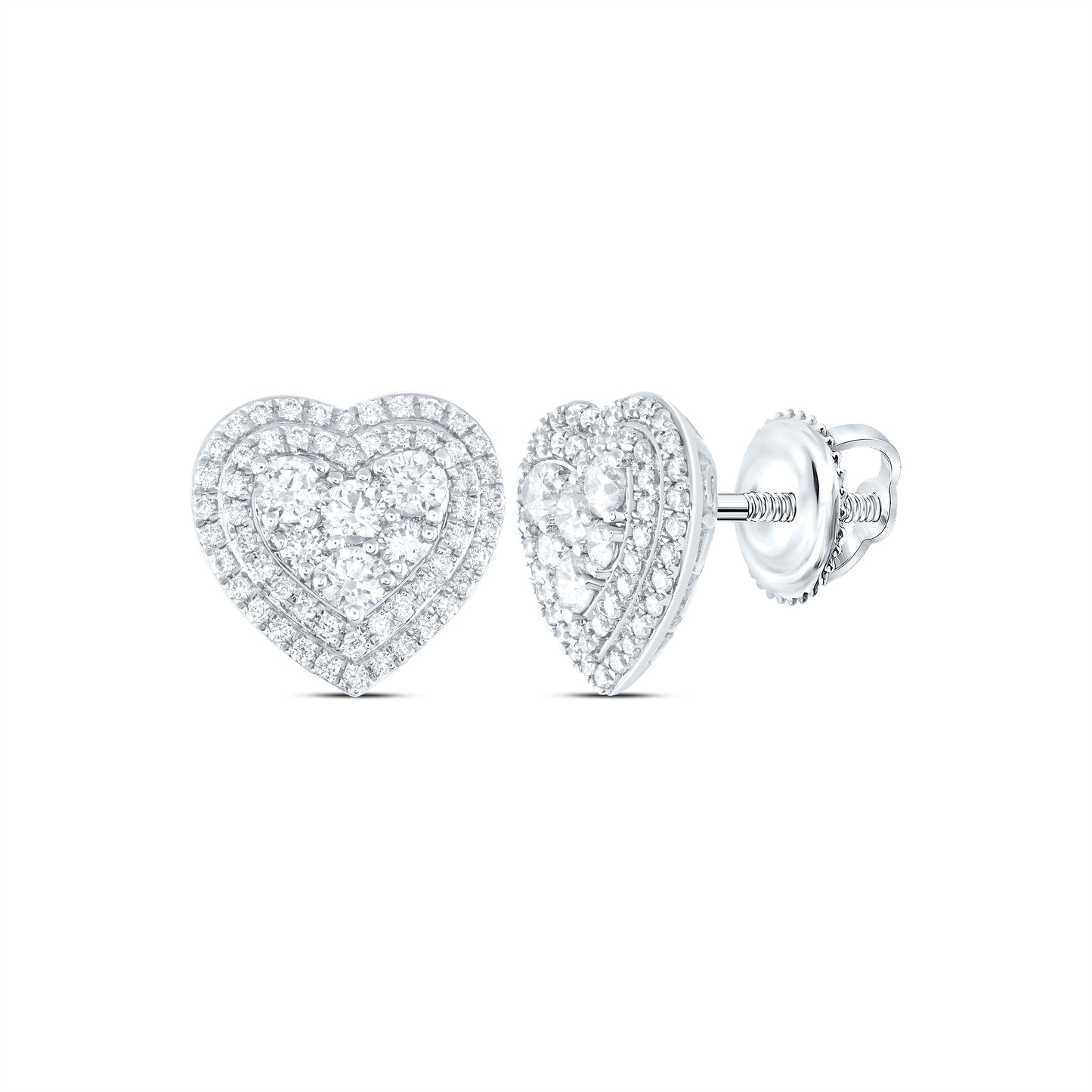 14K White Gold Womens Round Diamond Heart Earrings 1 Cttw