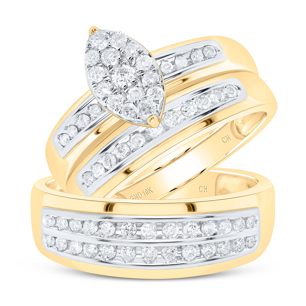 10K Yellow Gold His Hers Round Dia. Cluster Matching Wedding Set 3/4ctw, Women's Size: 5-10, Men's Size: 7-13