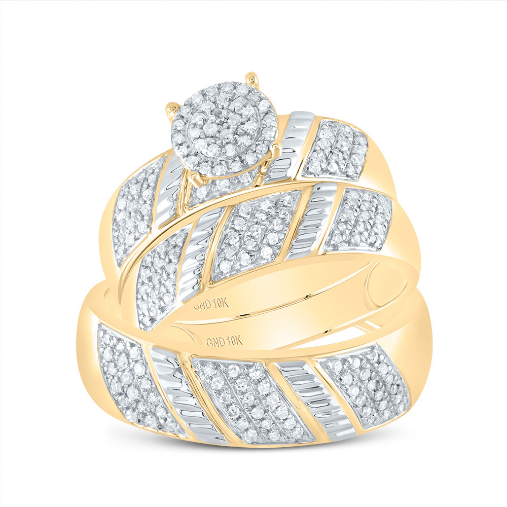 10K Yellow Gold His Hers Round Diamond Cluster Matching Wedding Set 1/2 Cttw, Womens Size: 5-10, Mens Size: 7-13