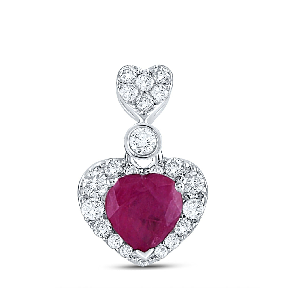 10K White Gold Womens Heart Ruby Diamond Fashion Pendant 3/8 Cttw