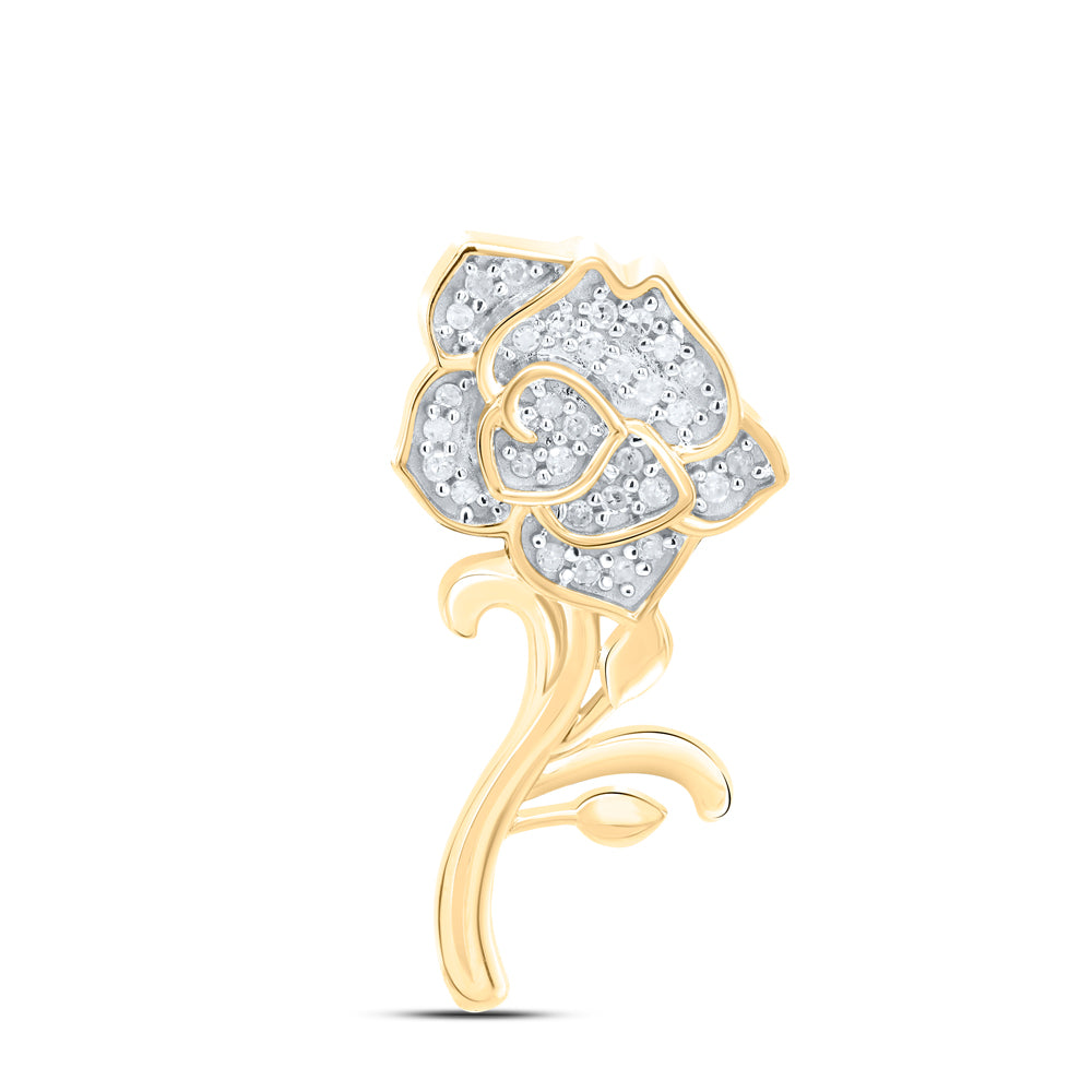 10K Yellow Gold Womens Round Diamond Rose Flower Pendant 1/10 Cttw