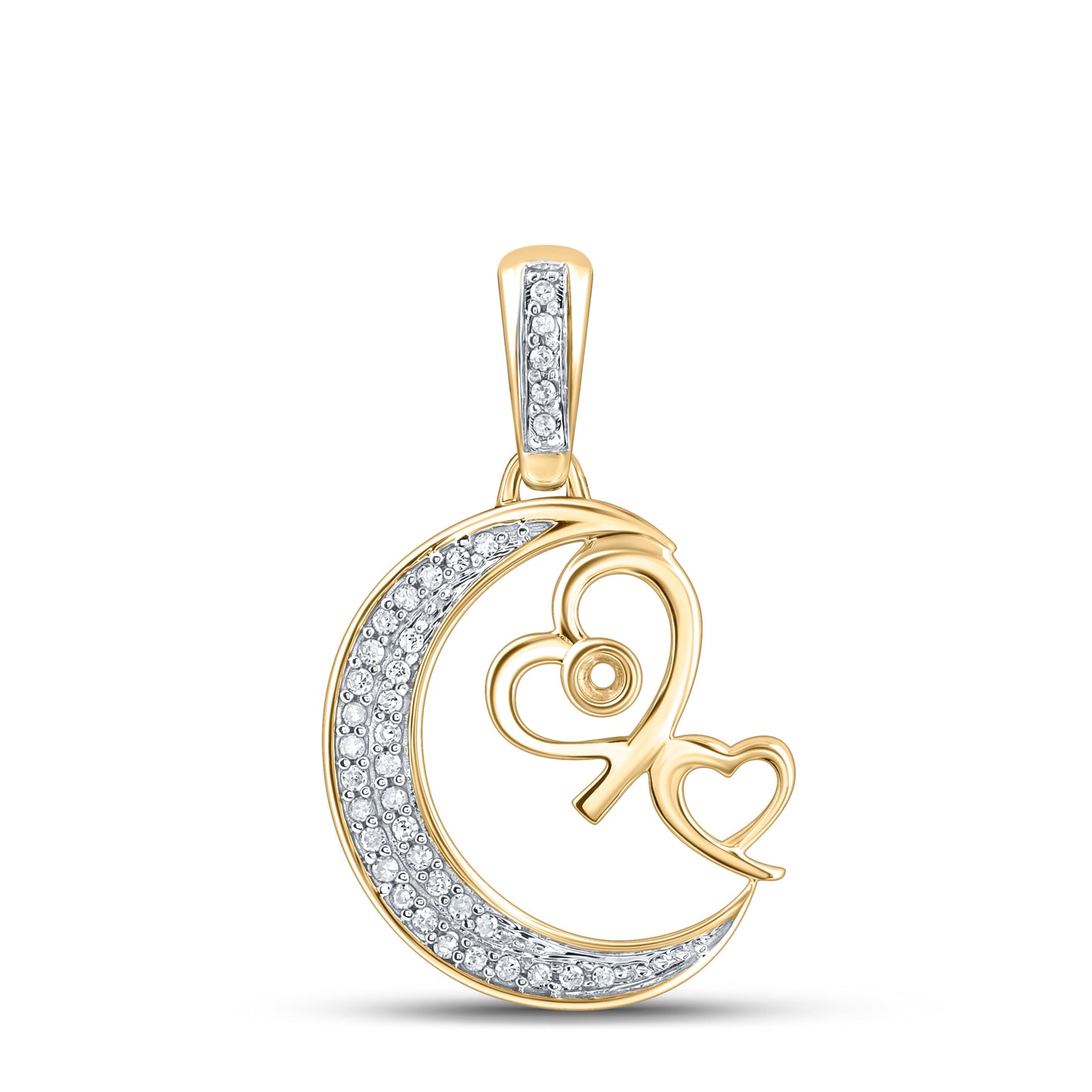 10K Yellow Gold Womens Round Diamond Crescent Moon Heart Pendant 1/10 Cttw