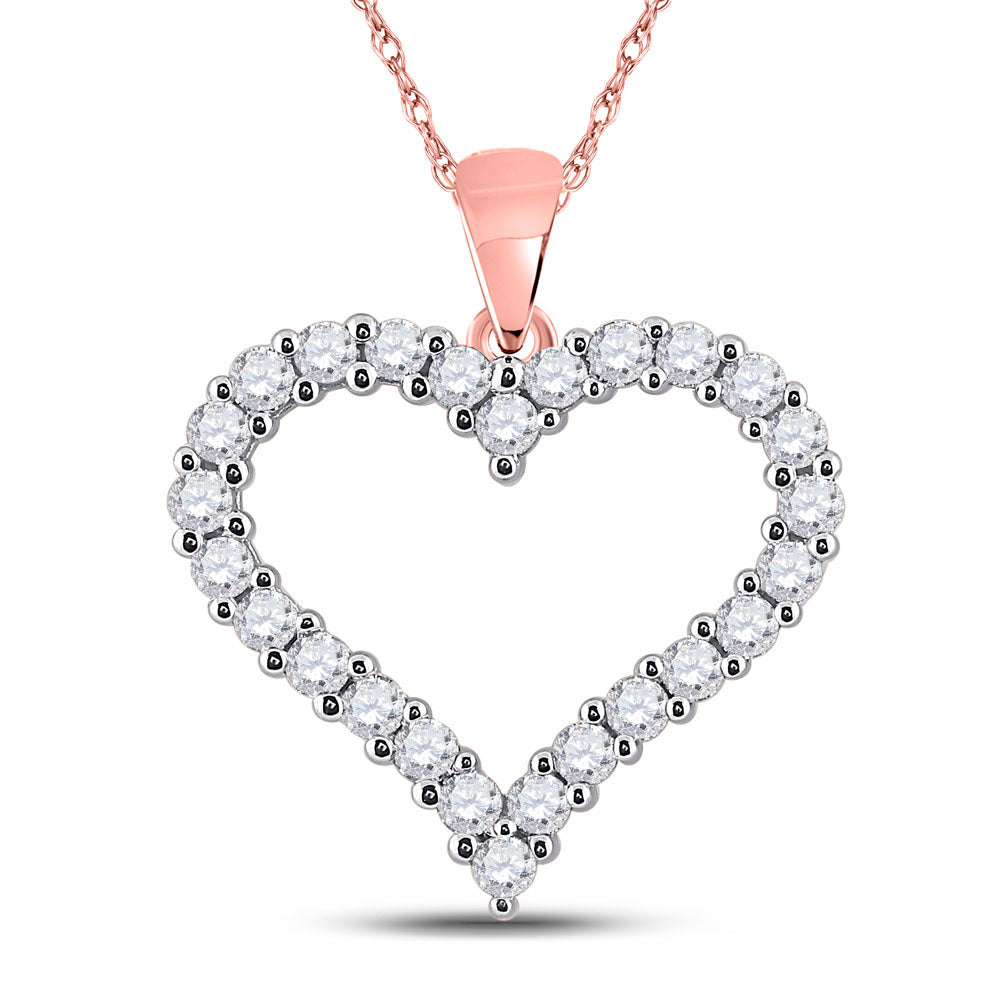 14K Rose Gold Womens Round Diamond Heart Pendant 1 Cttw