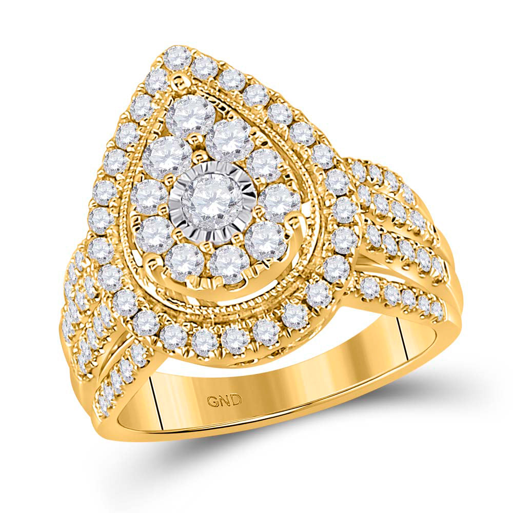 14K Yellow Gold Womens Round Diamond Teardrop Pear Cluster Ring 1-1/2 Cttw, Womens Size: 5-10