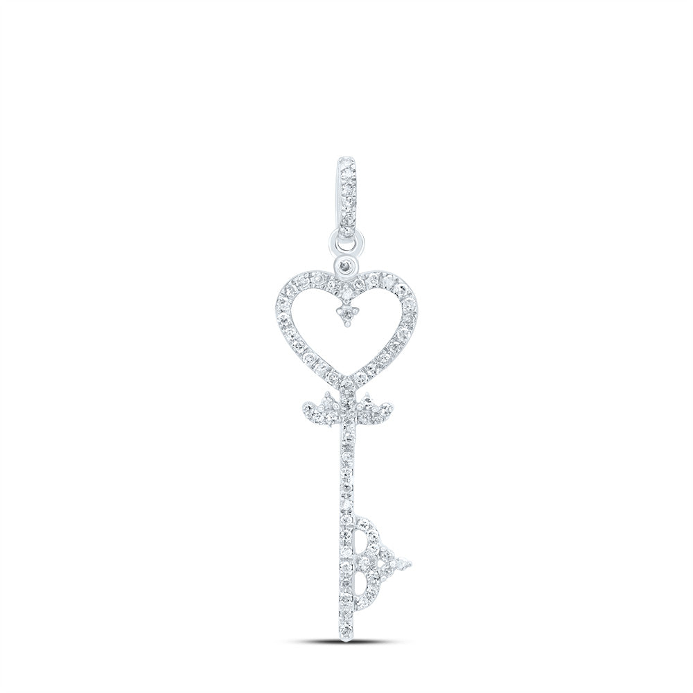 10K White Gold Womens Round Diamond Key Heart Pendant 1/5 Cttw, Length: 1.24 In, Width: 0.38 In