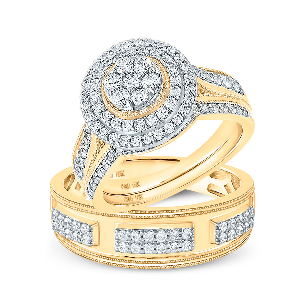 10K Yellow Gold His Hers Round Diamond Cluster Matching Wedding Set 1-1/4 Cttw, Womens Size: 5-10, Mens Size: 7-13