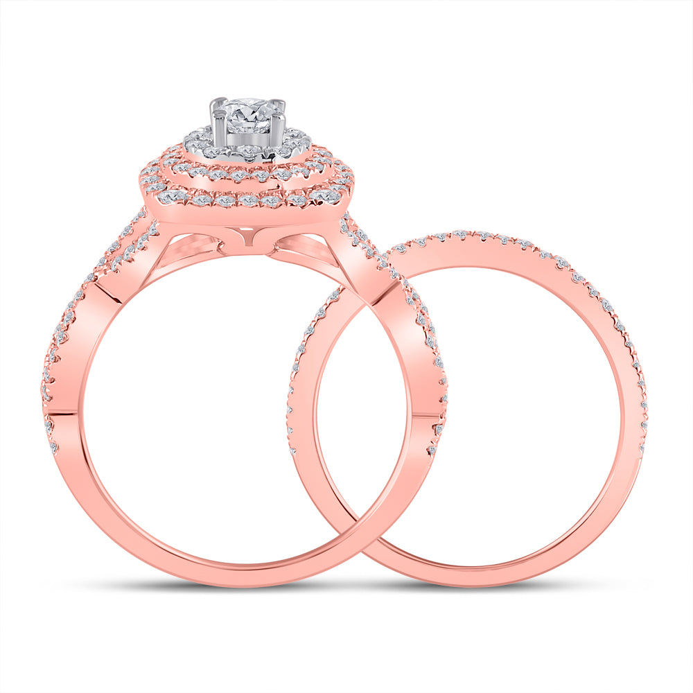 14K Two-tone Gold Round Diamond Halo Bridal Wedding Ring Band Set 1-1/3 Cttw, Womens Size: 5-10