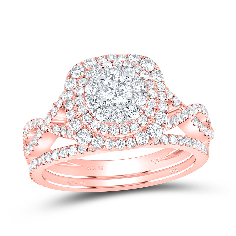 14K Two-tone Gold Round Diamond Halo Bridal Wedding Ring Band Set 1-1/3 Cttw, Womens Size: 5-10