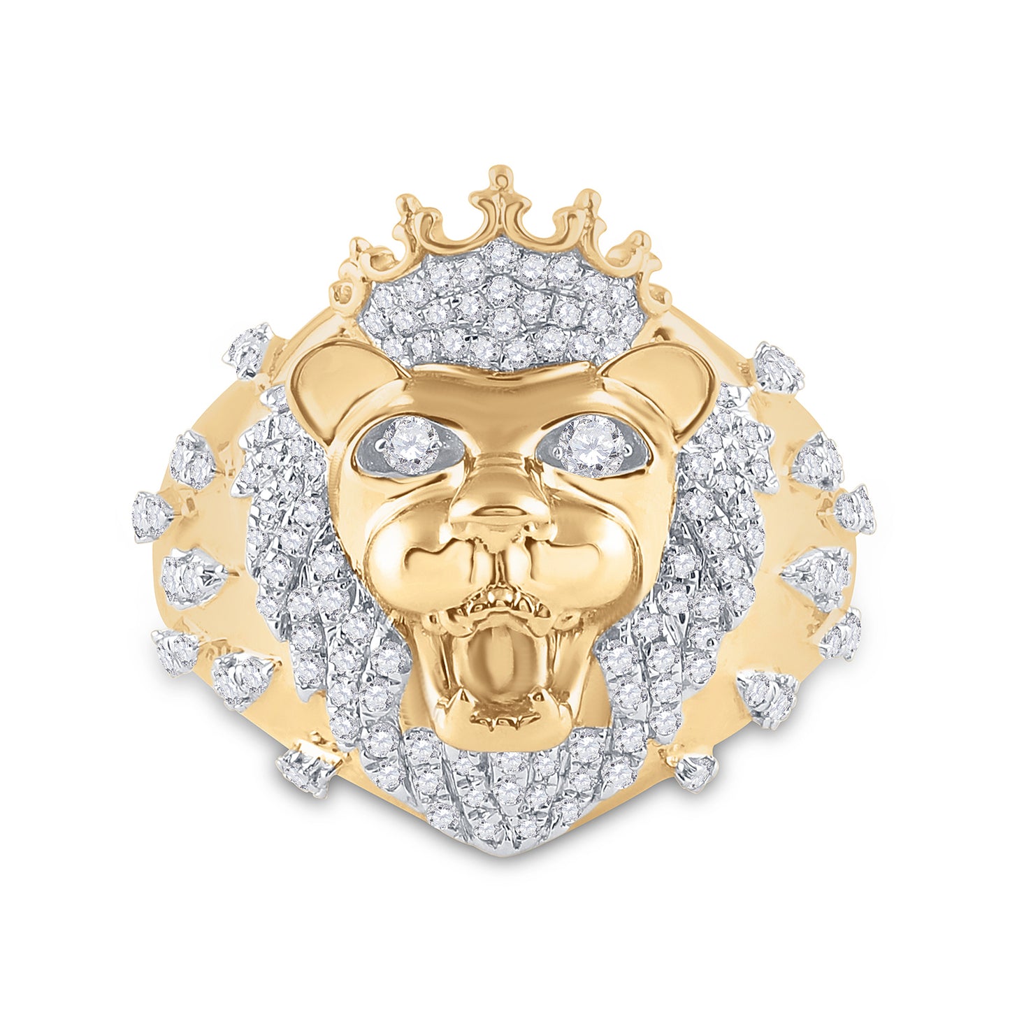 10K Yellow Gold Mens Round Diamond Lion Head Crown Animal Ring 7/8 Cttw, Mens Size: 7-13