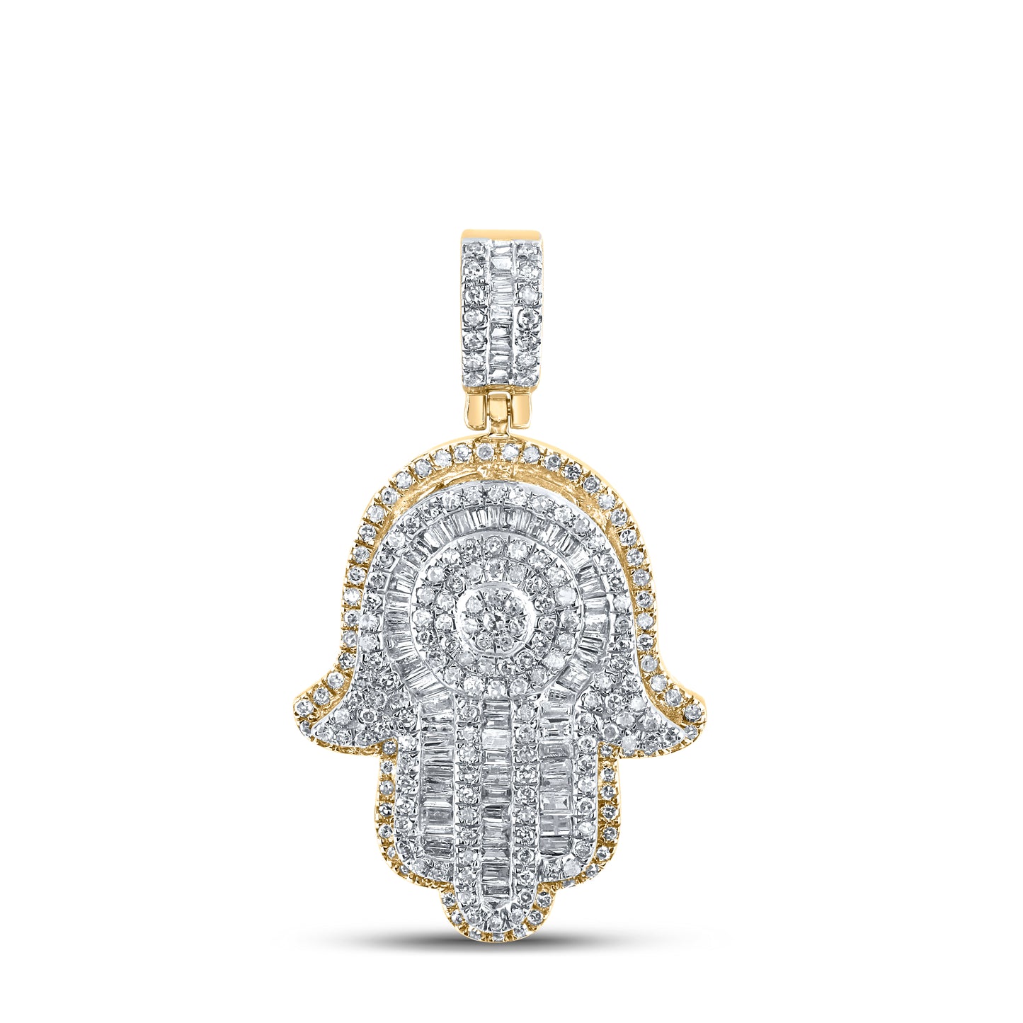 10K Yellow Gold Mens Baguette Diamond Hamsa Charm Pendant 1 Cttw, Length: 1.25 In, Width: 0.76 In