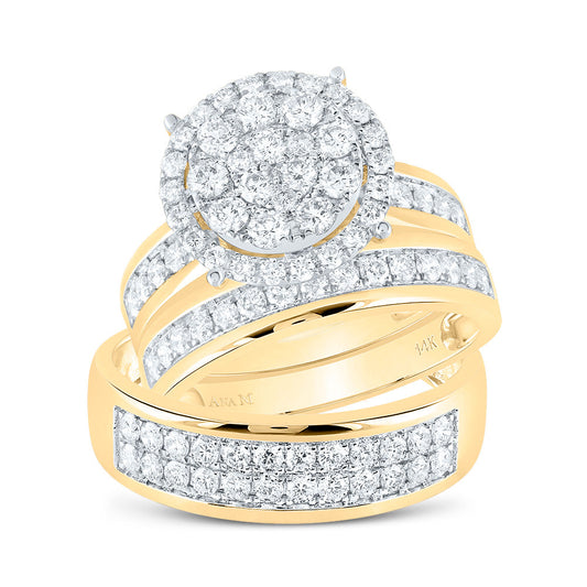14K Yellow Gold His Hers Round Diamond Cluster Matching Wedding Set, Womens Size: 5-10, Mens Size: 7-13