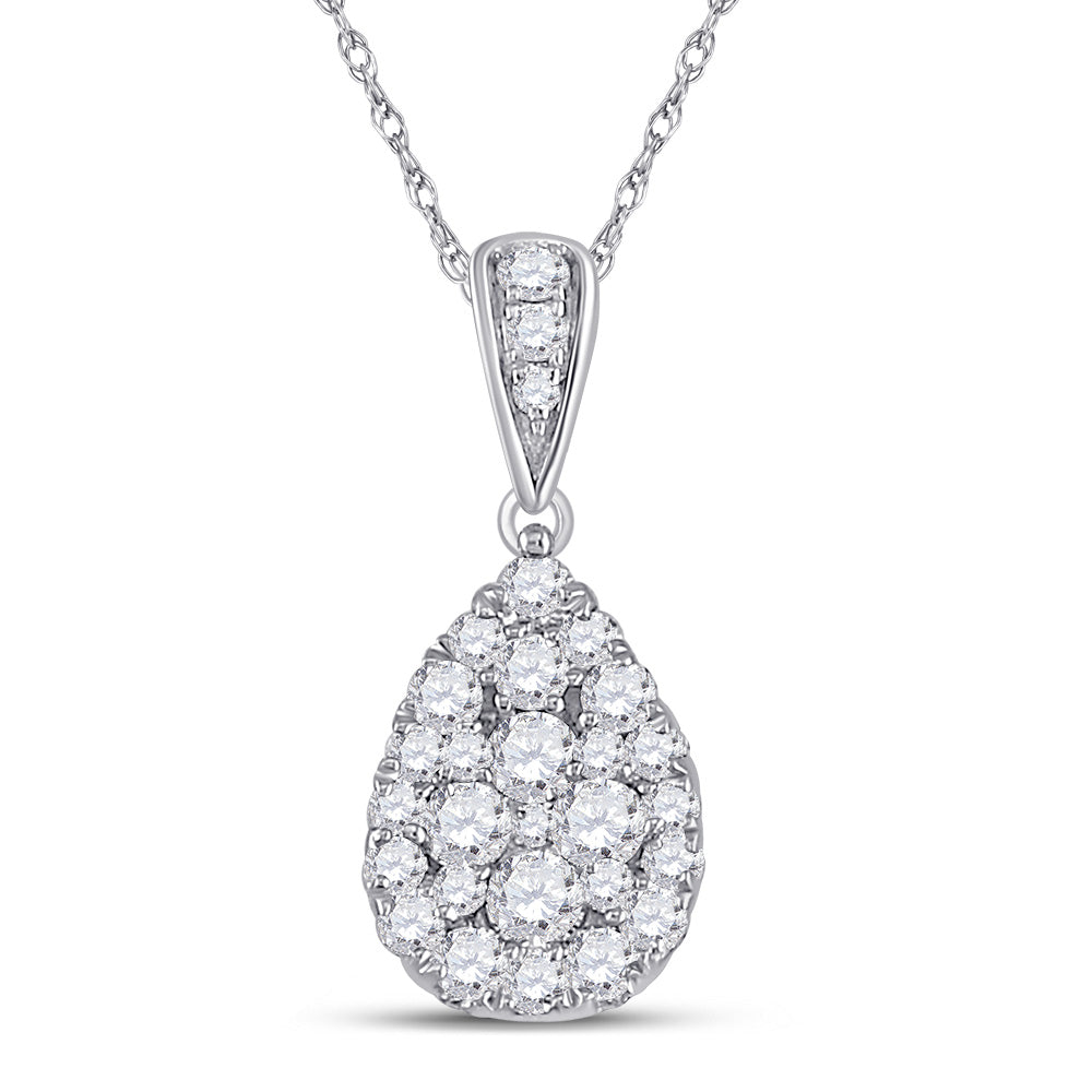 14K White Gold Womens Round Diamond Teardrop Cluster Pendant 1/2 Cttw