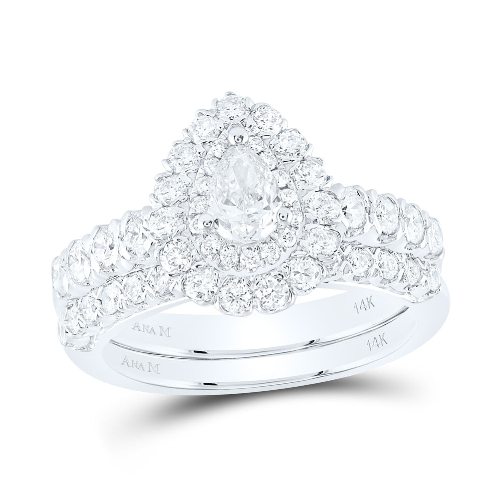 14K White Gold Pear Diamond Halo Bridal Wedding Ring Band Set 1-1/2 Cttw, Womens Size: 5-10