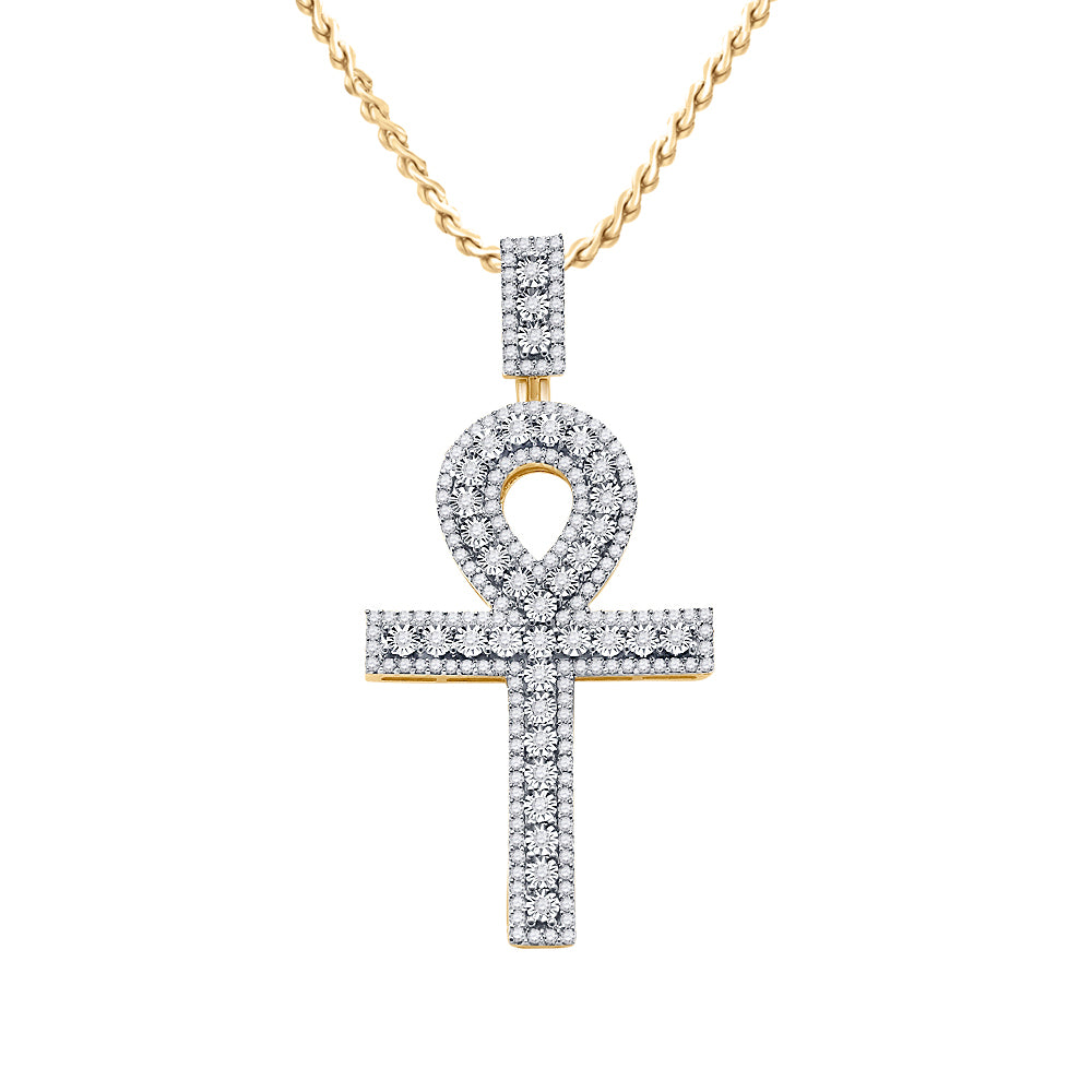 10K Yellow Gold Mens Round Diamond Ankh Cross Charm Pendant 1 Cttw