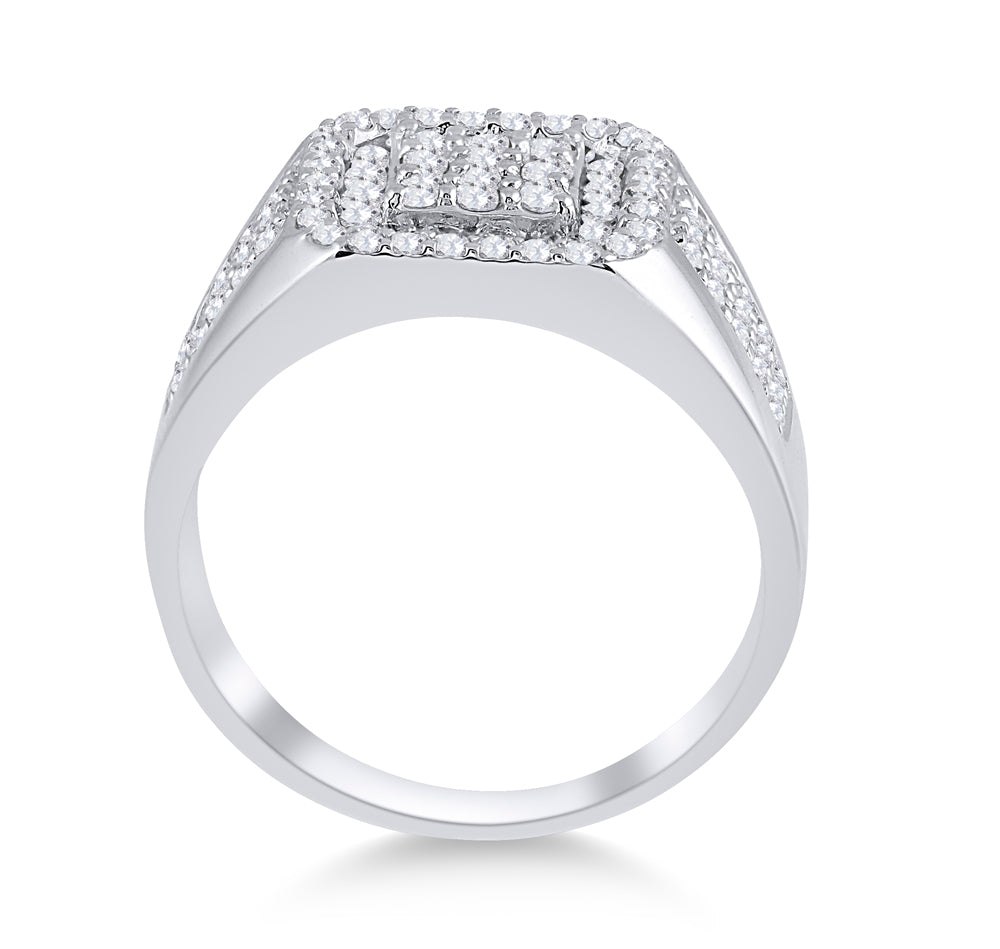 14K White Gold Mens Round Diamond Square Ring 1-1/4 Cttw, Mens Size: 7-13