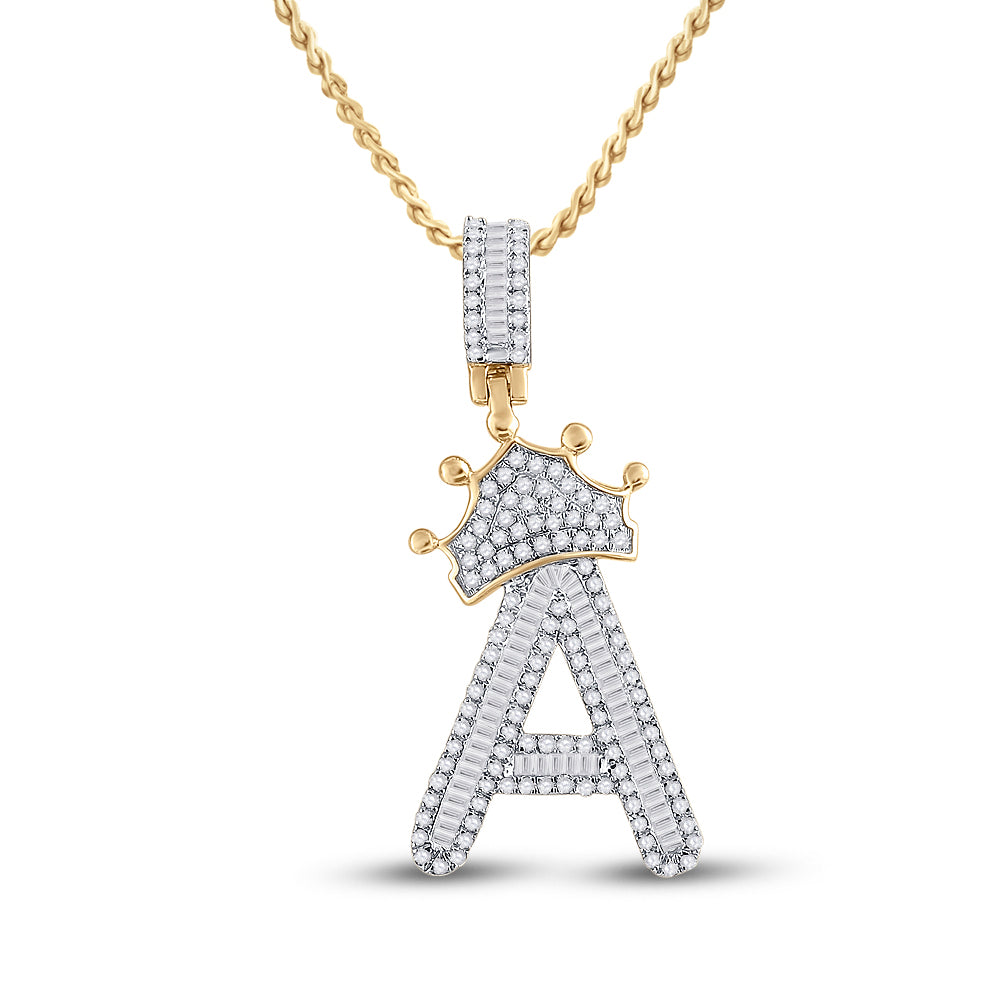 10K Yellow Gold Mens Baguette Diamond Crown LetterCharm Pendant