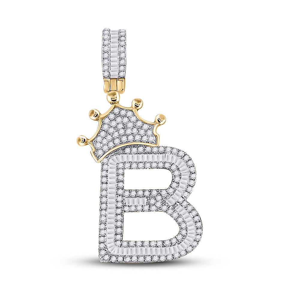 10K Yellow Gold Mens Baguette Diamond Crown LetterCharm Pendant