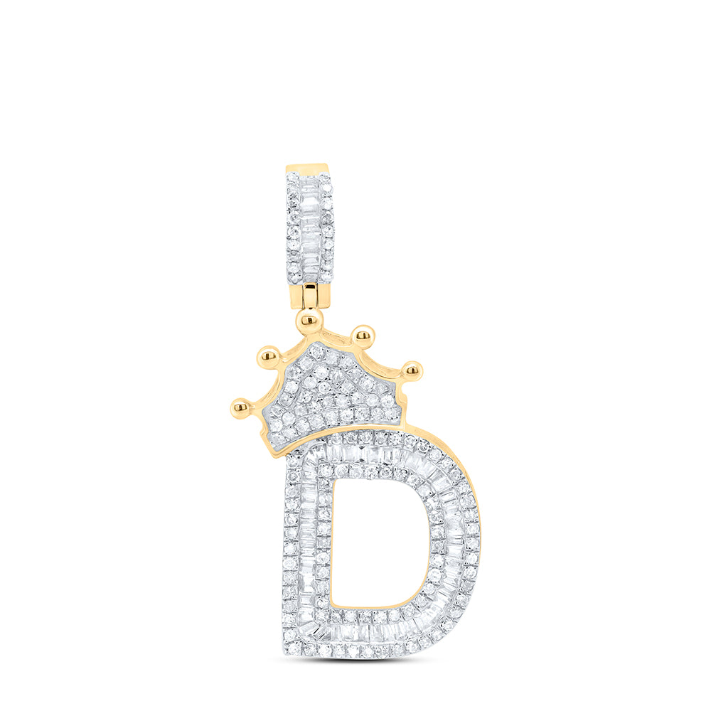 10K Yellow Gold Mens Baguette Diamond Crown LetterCharm Pendant