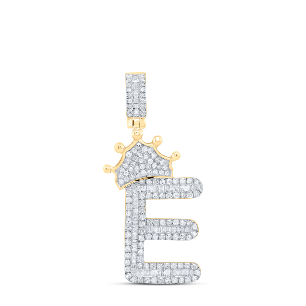 10K Yellow Gold Mens Baguette Diamond Crown LetterCharm Pendant