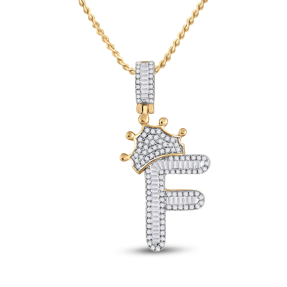 10K Yellow Gold Mens Baguette Diamond Crown LetterCharm Pendant