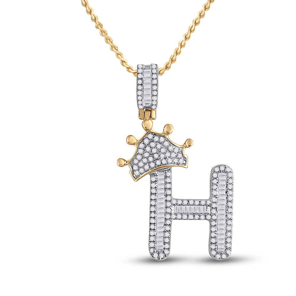 10K Yellow Gold Mens Baguette Diamond Crown LetterCharm Pendant