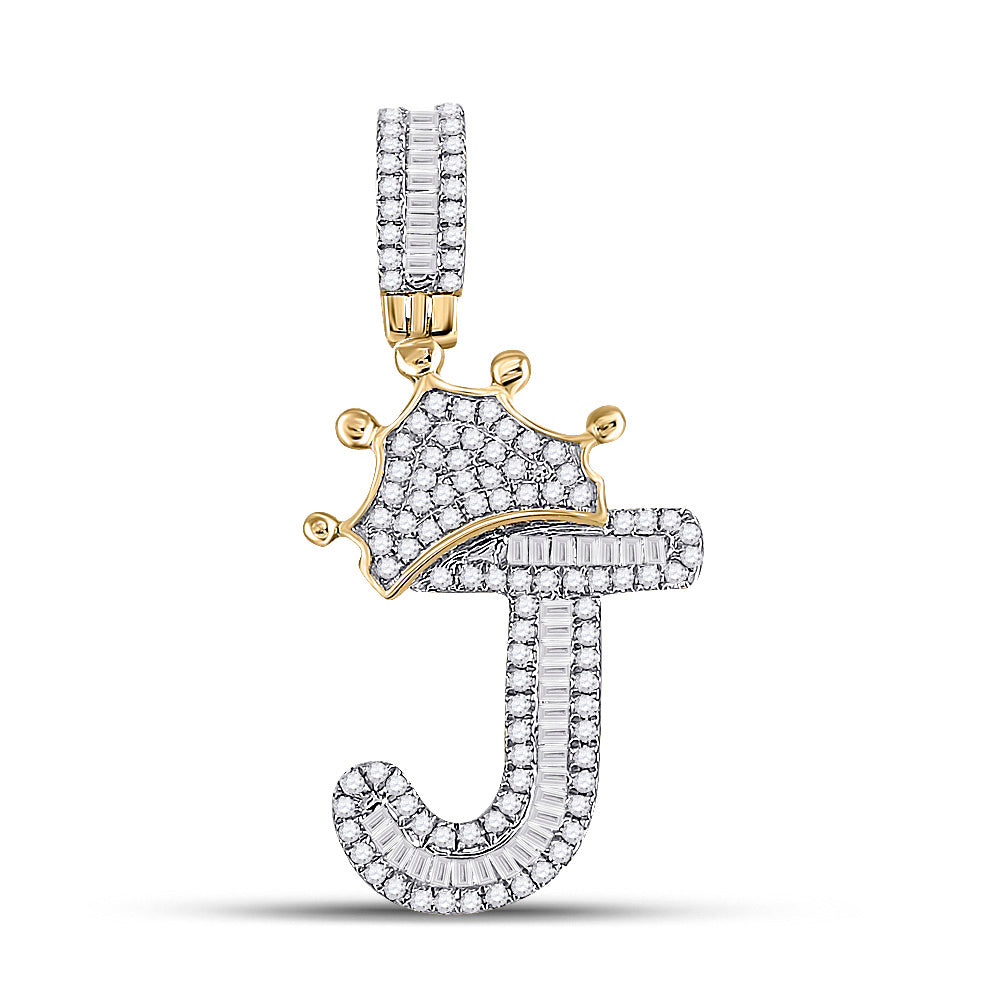 10K Yellow Gold Mens Baguette Diamond Crown LetterCharm Pendant
