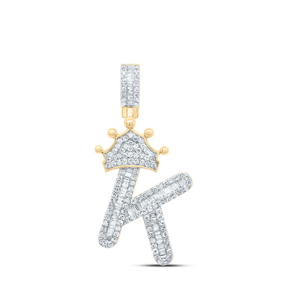 10K Yellow Gold Mens Baguette Diamond Crown LetterCharm Pendant