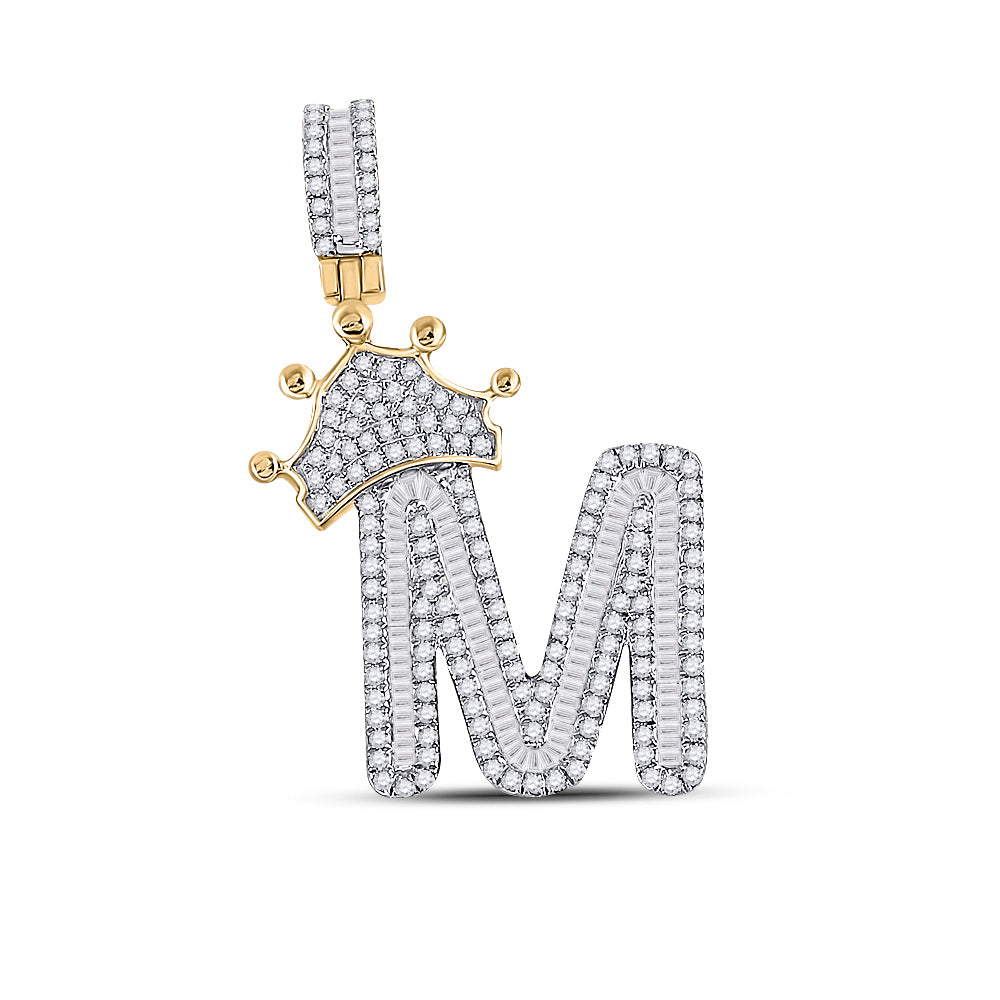 10K Yellow Gold Mens Baguette Diamond Crown LetterCharm Pendant