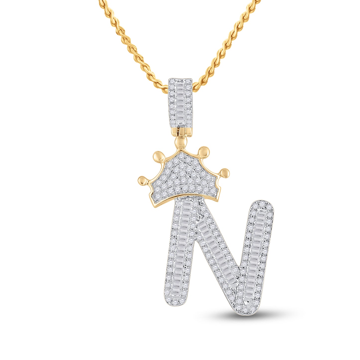 10K Yellow Gold Mens Baguette Diamond Crown LetterCharm Pendant