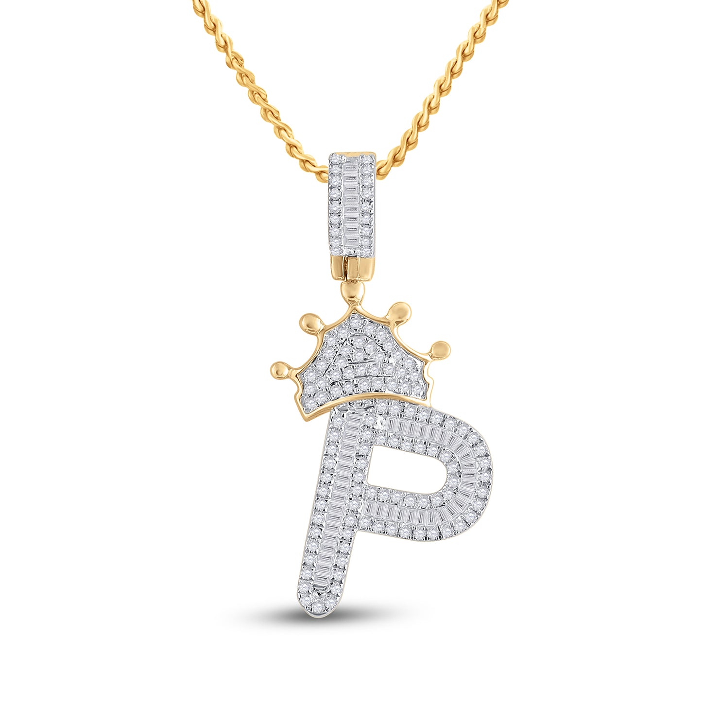 10K Yellow Gold Mens Baguette Diamond Crown LetterCharm Pendant