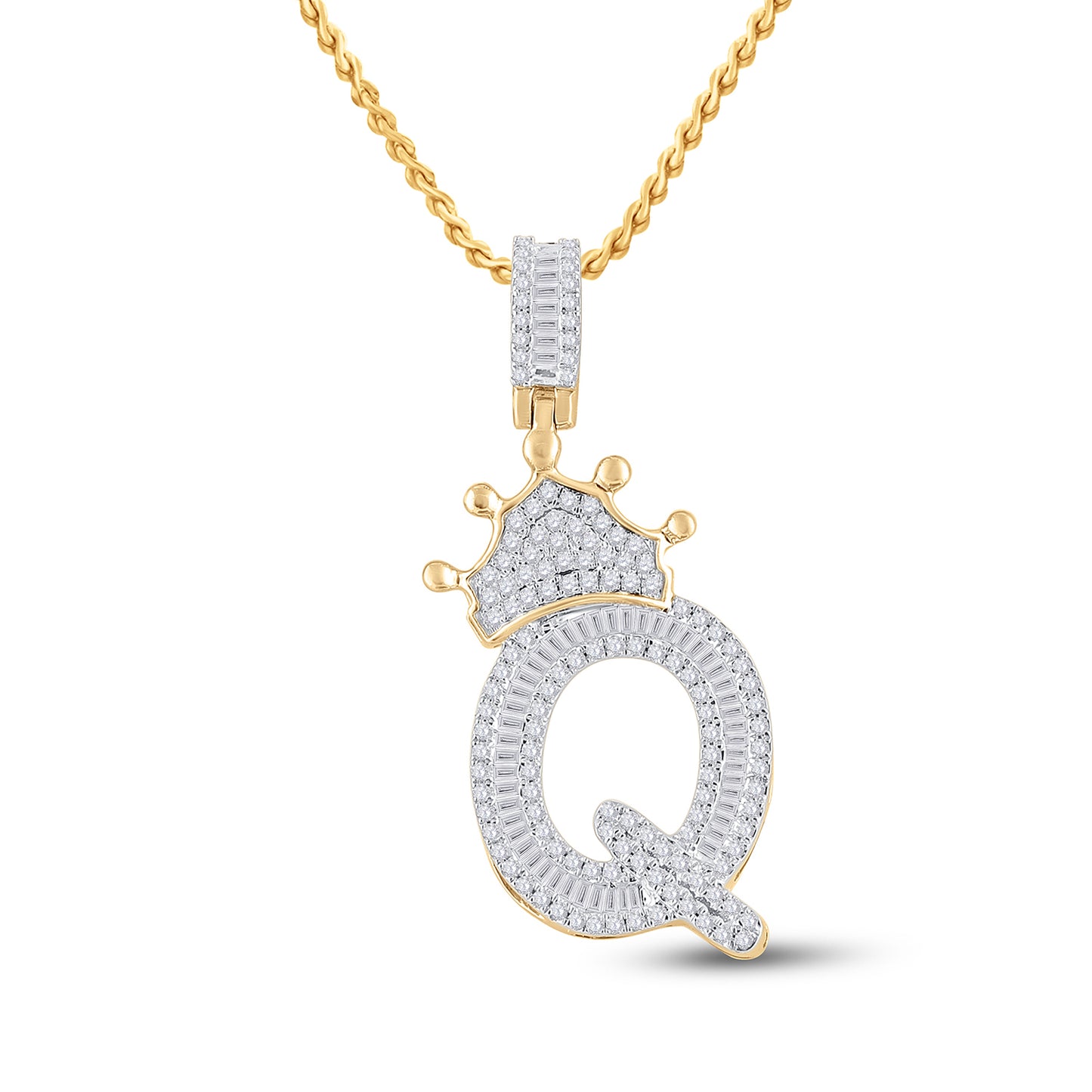 10K Yellow Gold Mens Baguette Diamond Crown LetterCharm Pendant