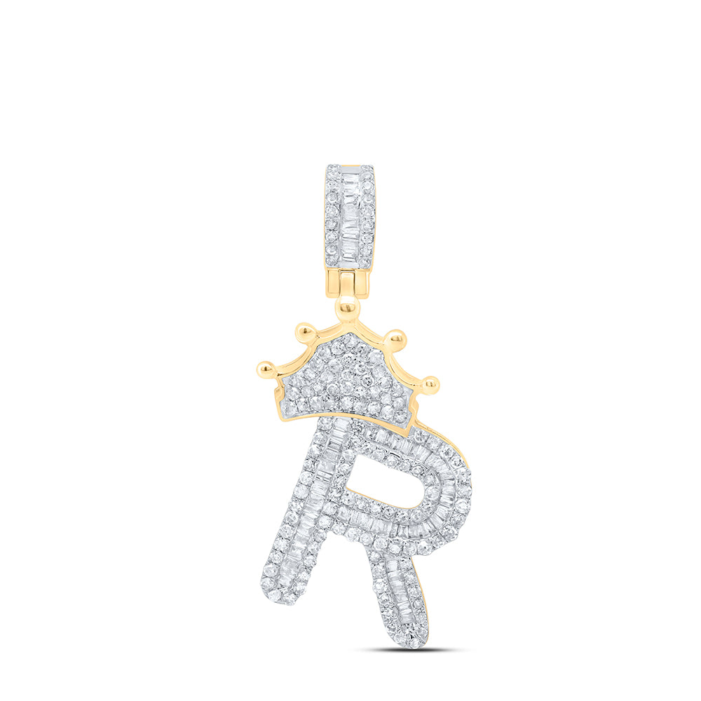 10K Yellow Gold Mens Baguette Diamond Crown LetterCharm Pendant