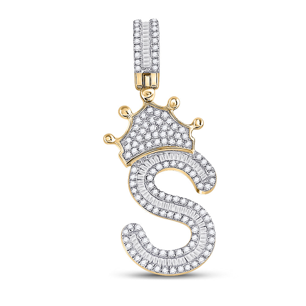 10K Yellow Gold Mens Baguette Diamond Crown LetterCharm Pendant