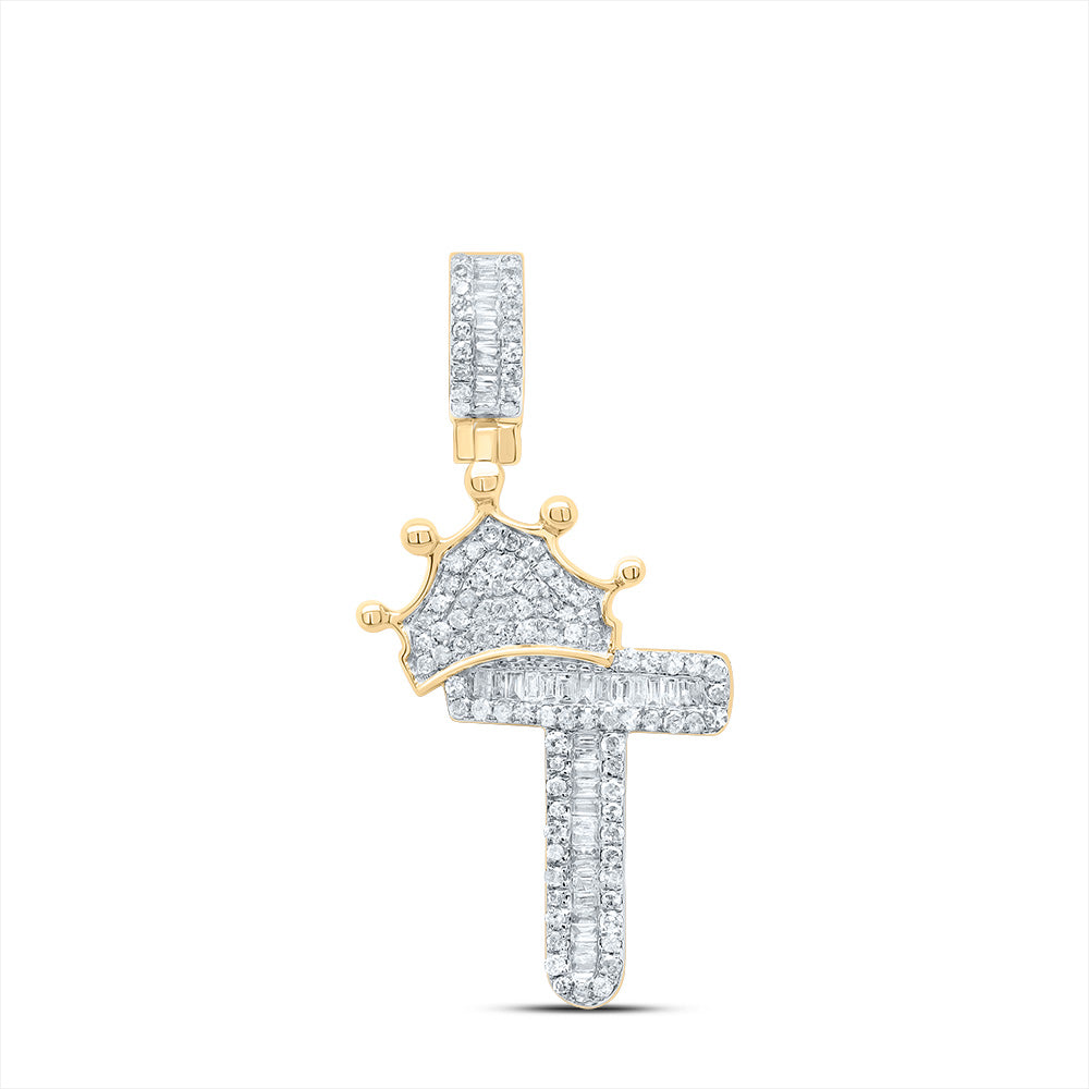 10K Yellow Gold Mens Baguette Diamond Crown LetterCharm Pendant