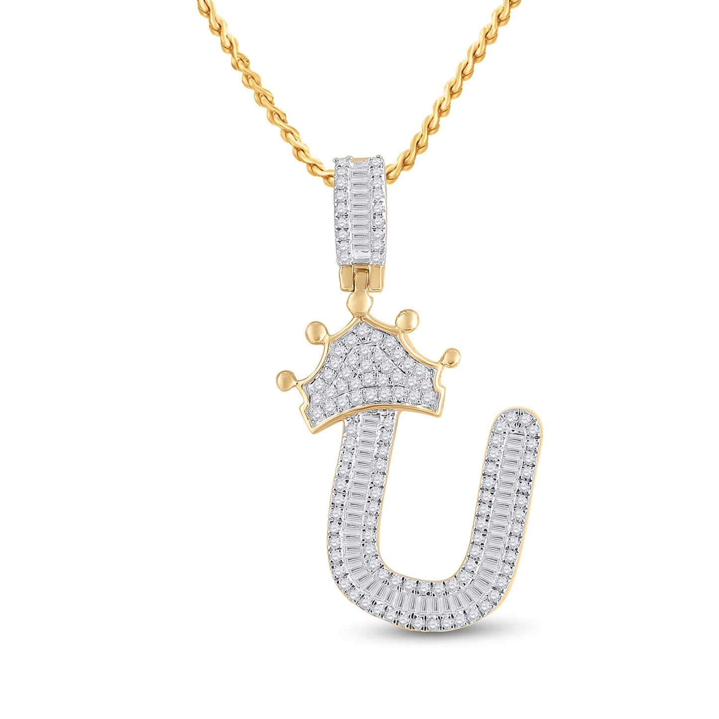 10K Yellow Gold Mens Baguette Diamond Crown LetterCharm Pendant