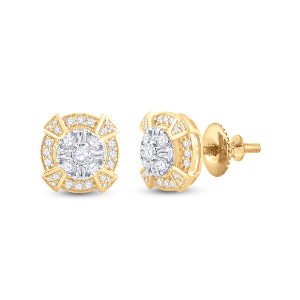 14K Yellow Gold Baguette Diamond Circle Cluster Earrings 3/4 Cttw