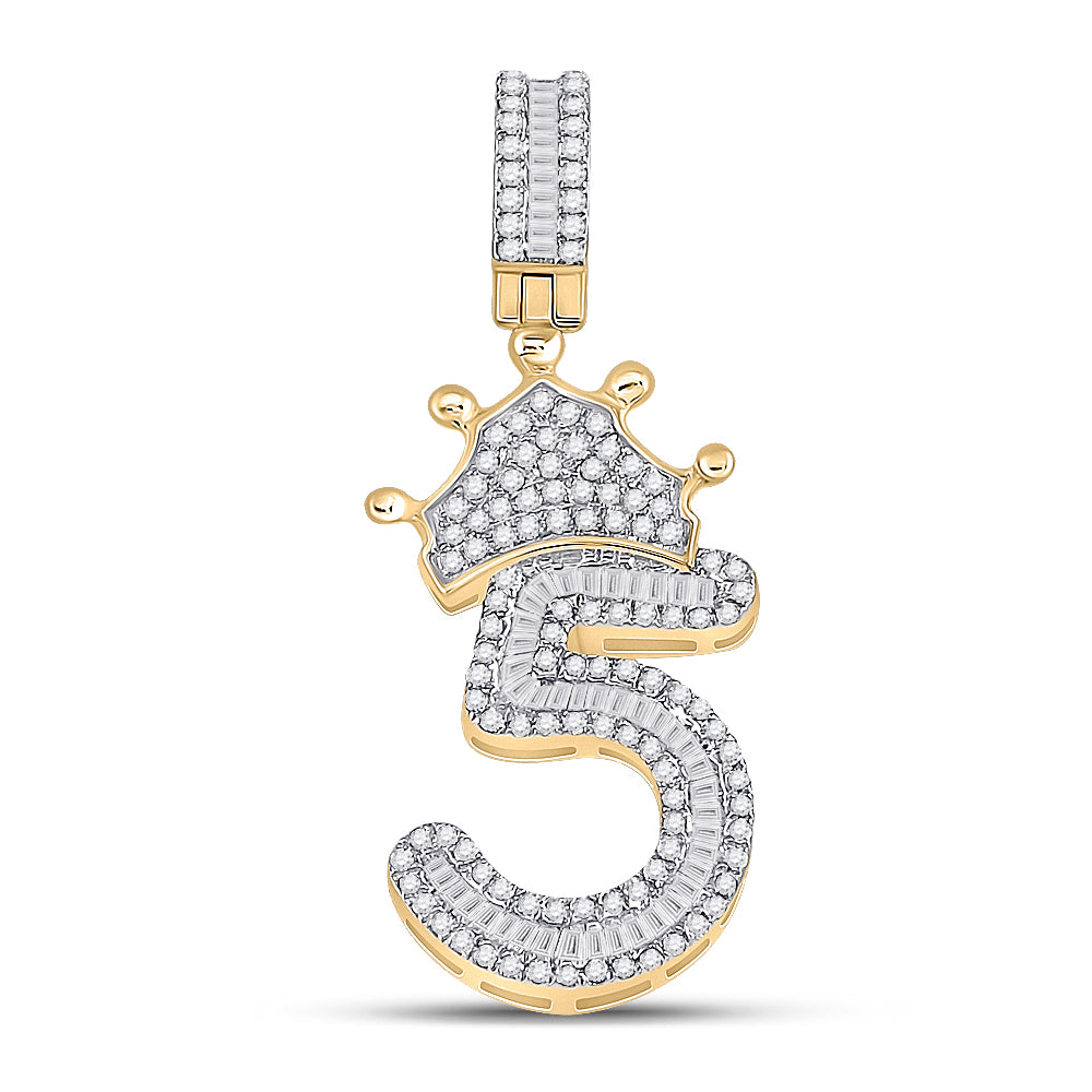 10K Yellow Gold Mens Baguette Diamond Number Crown Charm Pendant
