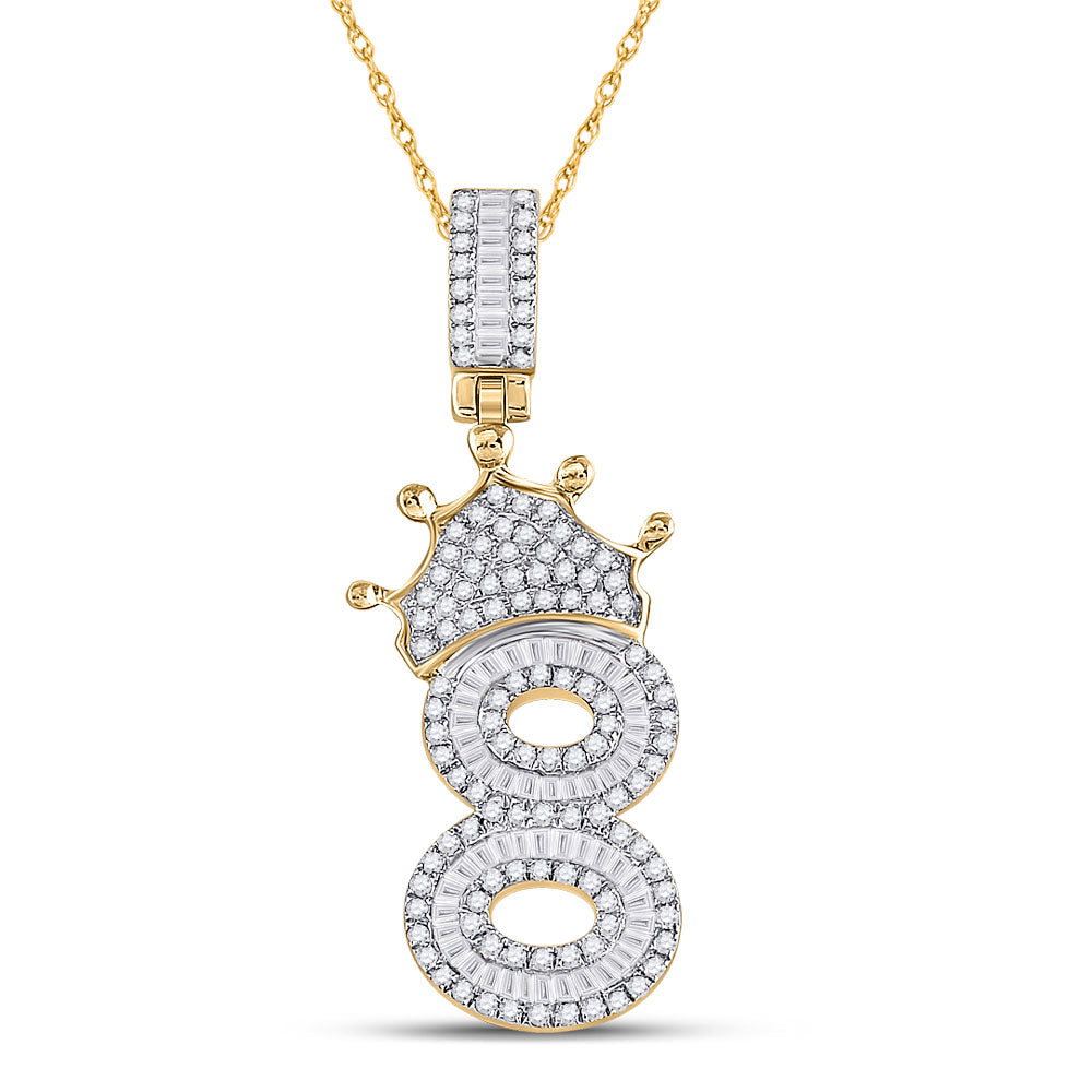 10K Yellow Gold Mens Baguette Diamond Number Crown Charm Pendant